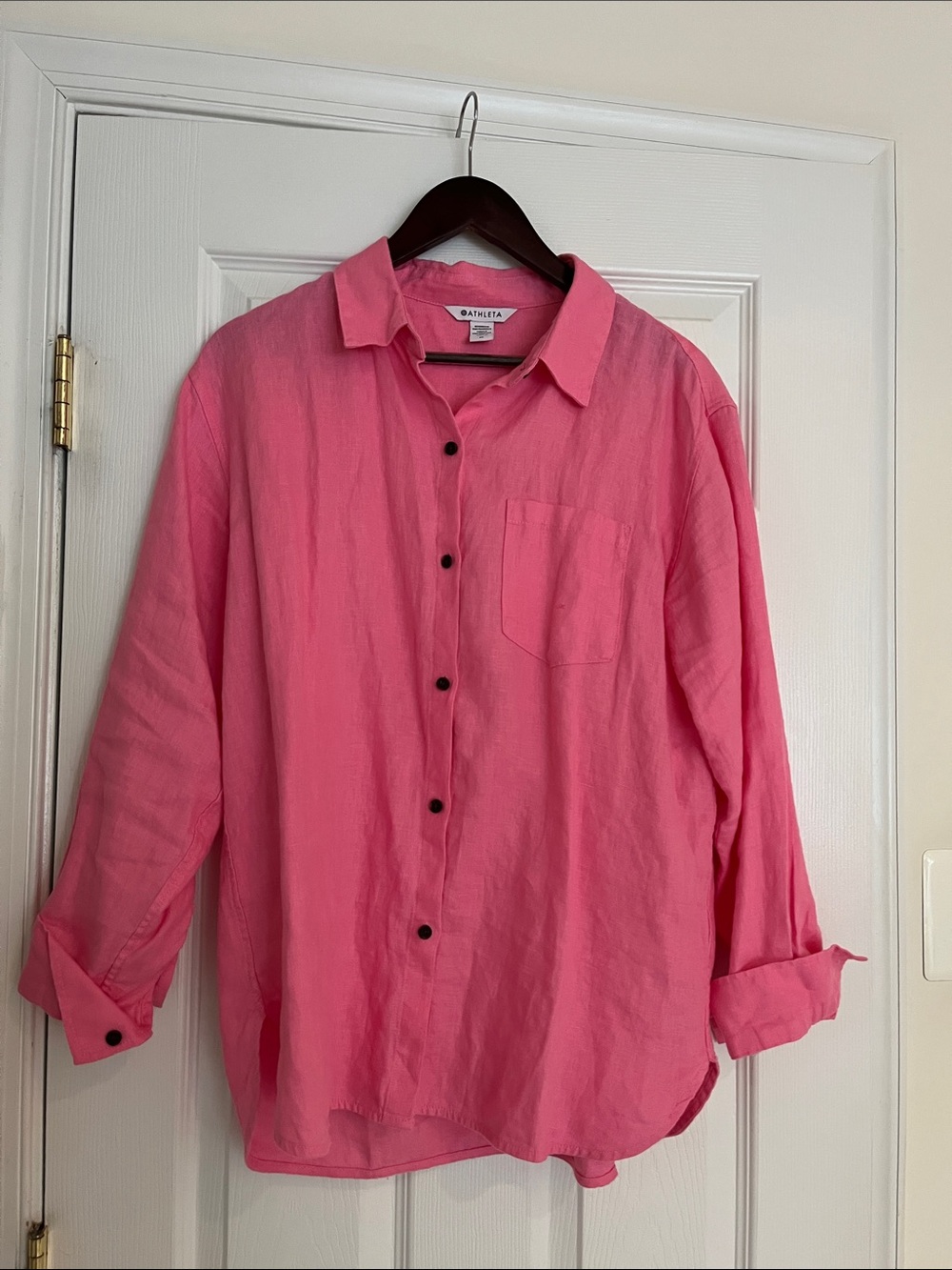 Athleta Hot Pink Retreat Linen Shirt with Chest Pocket US M